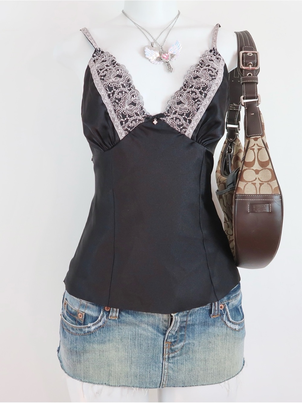 Black Sheer Mesh Babydoll Top —‎ Pink Ribbon Trim / Y2K Lingerie Aesthetic